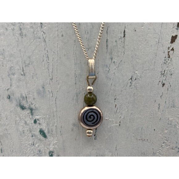 Sterling Silver Celtic Necklace With Spiral Pendant & Green Stone Accent - Picture 2 of 4
